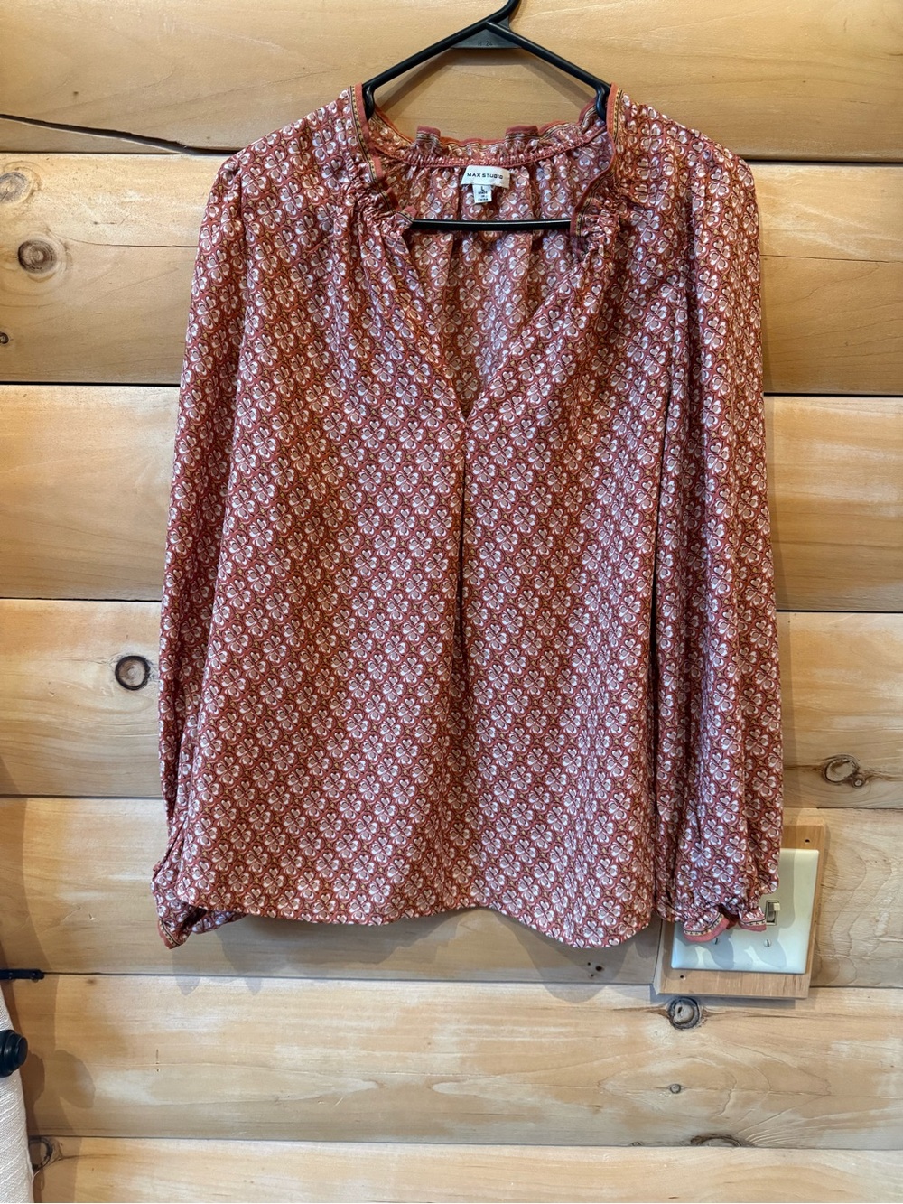 Rust and Cream Printed Split-Neck Long Sleeve Blouse peasant top size large